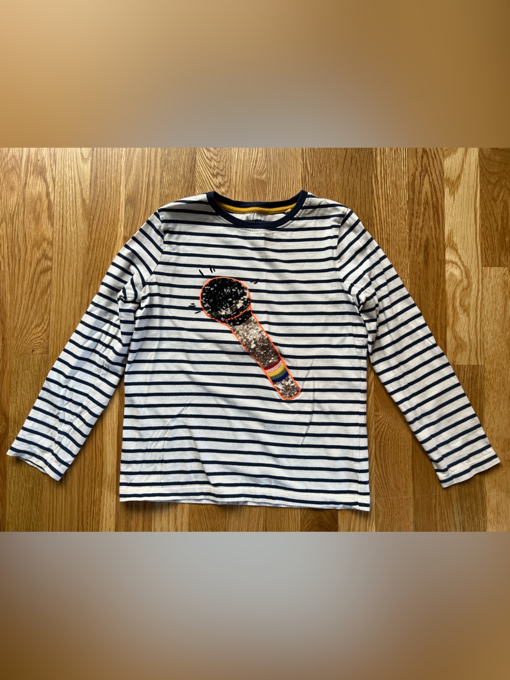 Mini Boden Navy & White Striped Long-Sleeve Tee with Sequin Microphone 8-9Y